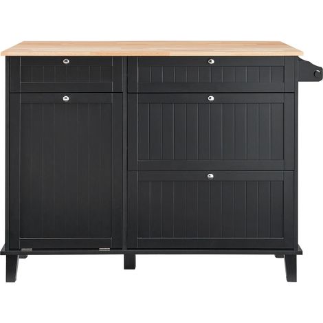 Îlot de cuisine mobile, plan de travail en bois 127 cm avec bar à petit-déjeuner, poubelle inclinable 38 L, table de salle à manger campagne avec abattant, porte-serviettes, tiroir, noir (1/5)