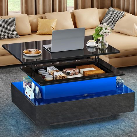 Table Basse Relevable, Table de Salon Rectangulaire avec 16 LED colorées Moderne et 2 Tiroirs, Surface avec Lumière Elevée (1/5)