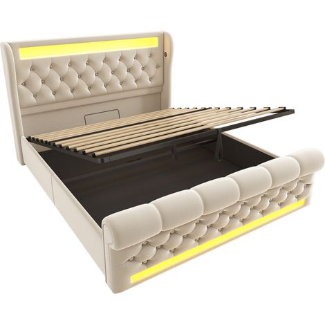 Polsterbett 140x200 cm aus beigem Samt mit LED, hydraulischem Stauraum und USB-C (1/5)