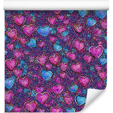 Papel pintado de corazones con purpurina neón en violeta, azul y morado, 50x1000 cm. (1/5)