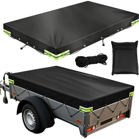Bâche de remorque 209 x 115 x 10 cm : bâche de remorque 420D avec corde de 8 m, bâche imperméable pour remorque avec bandes réfléchissantes pour remorque de voiture de 750 kg (1/5)