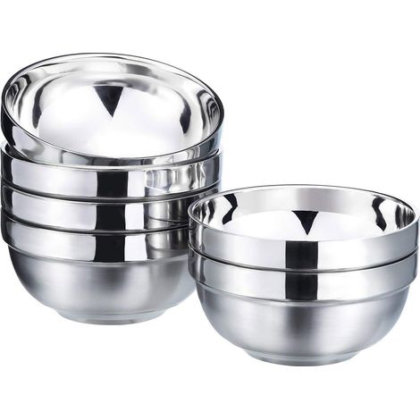 Bols en acier inoxydable à double couche de 13 cm bol isolé anti-chaud bol à soupe pour enfant vaisselle familiale bols de riz (6 pièces) (1/5)