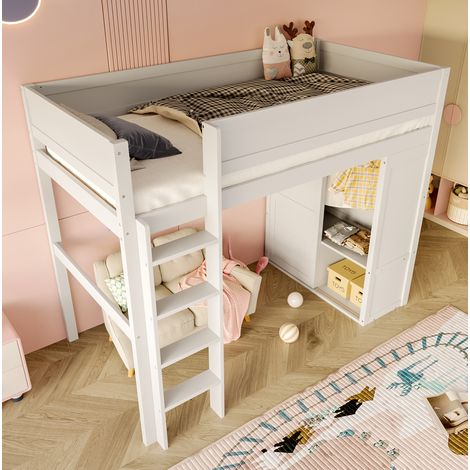 Lit mezzanine enfant 140 x 200 cm blanc en pin avec armoire et rangement, gain de place (1/5)