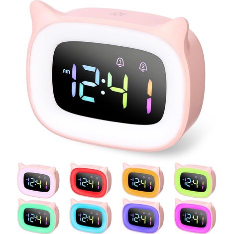 LED Réveil Enfant Lumineux - Luminosité Réglable, Jour Nuit, 18 Sonneries  4 Modes, Numérique, Mode Répétition, Fille, Port USB (1/5)