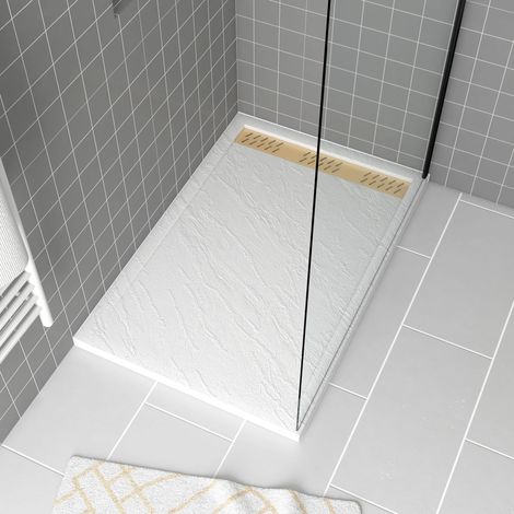 Piatto Doccia in Acrilico Bianco Effetto Pietra 80x120x4 cm + Griglie Cromo e Oro Spazzolato - MOON (1/5)