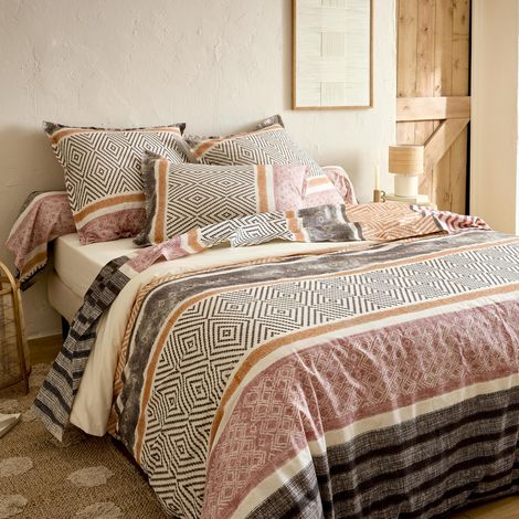 Drap plat coton 57 fils motif géométrique Noir 180x290 cm