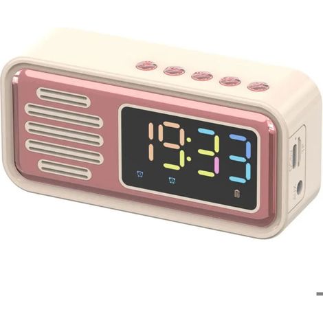 Haut-parleur Bluetooth portable avec réveil, écran LED coloré, style rétro, enceinte sans fil, beige (1/5)