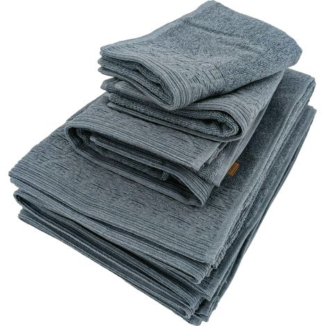 Parure de bain 5 pièces collection DENIM à bordure géométrique pur coton bleu (1/5)