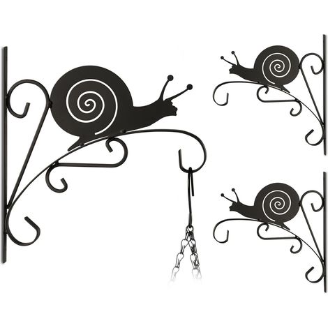 3 Ganchos para Macetas, Diseño Caracol, Gancho de Pared para Cestos, Decoración de Jardín, Metal, 30 x 28 x 2 cm, negro