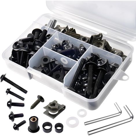 177 pcs kit de boulons de carénage de moto, m5 m6 vis de pare-brise en alliage d’aluminium clips de fixation boulons de carénage kit de clips d’écrou (noir) (1/5)