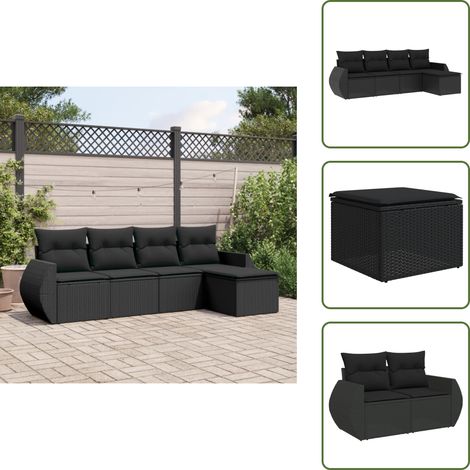 5-tlg. Garten-Sofagarnitur mit Kissen Schwarz Poly Rattan - Gartengestell - Outdoor Möblierung - Gartenmöbel Set - Lounge Set - Rattan Gartenmöbel (1/5)
