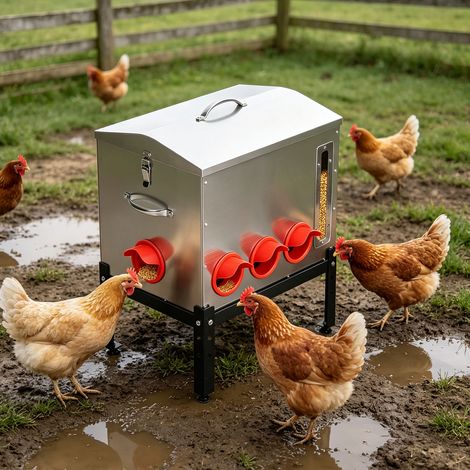Jiubiaz Hühner Futterautomat 22,6 kg / 50 lb aus verzinktem Stahl, 8 Fressöffnungen, mit Sichtfenster, Griff, Einzelstopfen und verstellbarer Standhöhe (1/5)