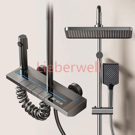 Space Aluminum Shower Set with Digital Display, Piano Button Shower System, Ambient Light, Bathroom Faucet and Handheld Shower (1/4)