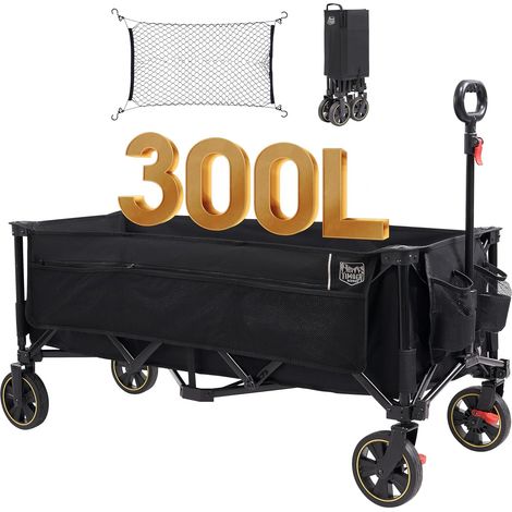 Chariot Camping Pliable 300L avec Frein Tout Terrain 160kg Filets anti-chute, poche latérale, porte-boisson et poignée réglable, charrette charge 160kg camping plage et jardin (1/5)