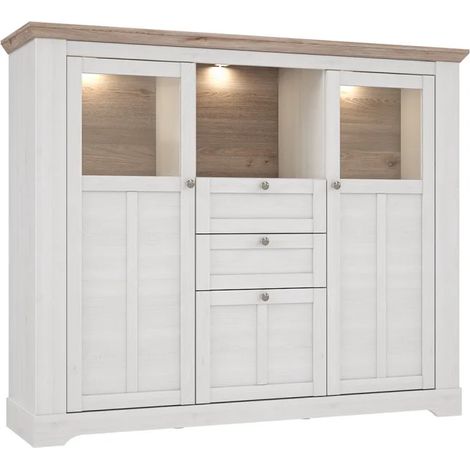 Buffet vitrine 3 portes 2 tiroirs + LED décor chêne blanchi - ANGELE (1/5)