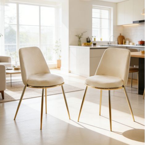 Lot de 2 chaises de salle à manger en velours ivoire, pieds métal dorés DESVIAE (1/5)
