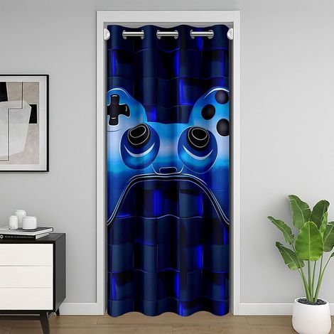 Géométrique Rideau de Porte 106x203 Jeu Rideau Occultant Adolescent Noir Bleu Foncé Jeu Vidéo Grille Rideau de Porte 3D Gamepad Carré Contrôleur de Jeu Glow Tartan Rideau Porte Entrée - 106x203cm (1/5)