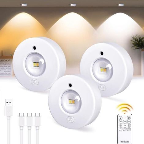 3 Spot LED Sans Fil Rechargeable, 1200mAh Lumiere LED Vitrine Spots Cuisine Sous Meuble Autocollant avec Touche et Télécommande Lampe sans Fil (1/5)