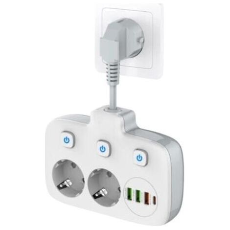 Power strip with single switch, power strip with 3 switches, double wall plug with 4 USB ports, power adapter with surge protection, cable length 0.2 m (1/4)