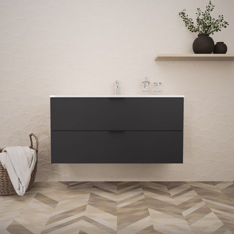 Inda - Badezimmerschrank B.120 mit glänzendem/mattem schwarzem Waschbecken 2 Schubladen - Topazio