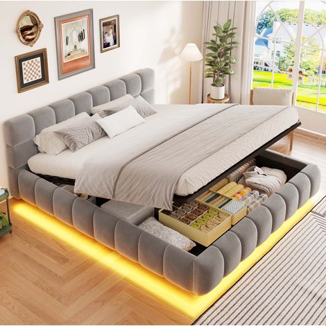 Lit coffre 160x200 cm avec rangement hydraulique et LED, sommier à lattes, pour chambre, velours - gris (1/5)