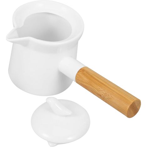 Casserole à Lait Céramique avec Bec Verseur et Manche Bois Mini Pot pour Cuisine Chauffe-beurre et Sauce Design Anti-brûlure Facile à Nettoyer (1/5)