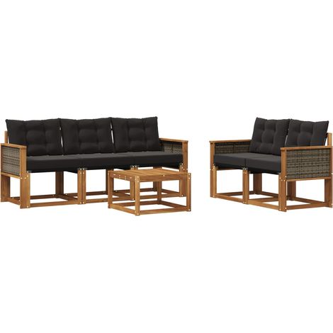 Set di divani da esterno con cuscino 6 pz Salotto da Giardino Naturale e Nero (1/5)