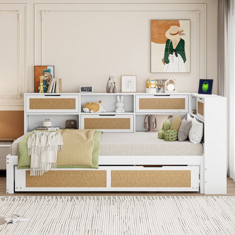 Canapé convertible en bois 90x200 cm, lit gigogne simple multifonction pour enfant, avec nombreux espaces de rangement et port USB, blanc