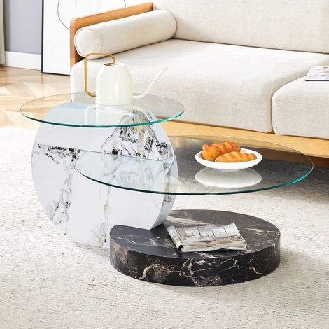 Runder Couchtisch, 2er-Set, Glas, 70 x 50 x 44 cm, gekreuzte Beine, Marmorfurnier, Sofatisch, Wohnzimmer, moderner und minimalistischer Stil, schwarz-weiß