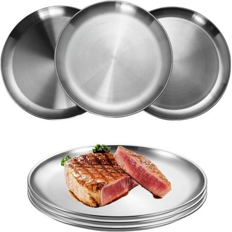Edelstahlteller 6 teiliges Set Ø 30 cm, rund, für Essen und Trinken, inklusive Kuchenform zum Grillen, Campen, Picknicken, Wandern und für Partys (1/4)