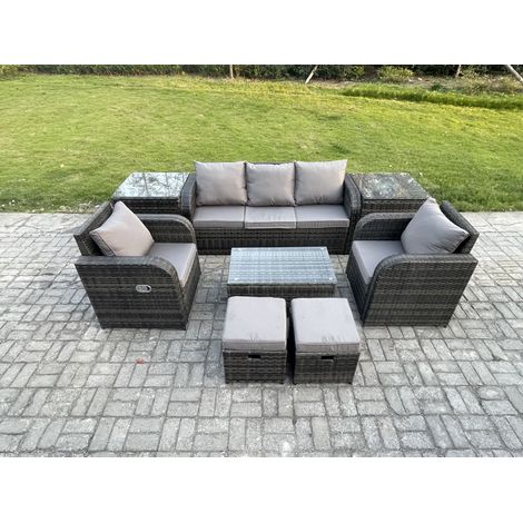 Fimous 7-Sitzer Polyrattan Gartenmöbel Set Polyrattan Garten Sofa im Freien Set mit Rechteckiger Couchtisch 2 kleine Fußhockern 3-Sitzer Sofa 2 Beistelltischen Dunkelgrau Gemischt (1/5)