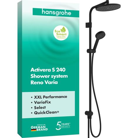 Colonne de douche max. 8 l/min sans mitigeur, douche pluie (240 mm), douchette (2 jets), support, tuyau, barre et douche de tête, Noir mat, 28074670 (1/5)
