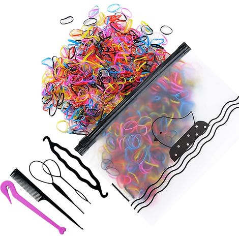 1000 Élastiques à Cheveux, Petits Élastiques à Cheveux pour Tressage, Crochets à Cheveux avec Pics, Petits colorés, 3 Outils à Tresser, Peigne