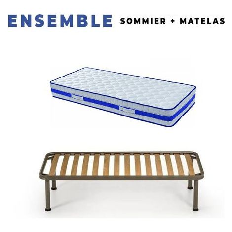 Matelas 70x190 + Sommier démonté + Pieds Offerts - Mousse rembourrage 100 % polesther - âme 100 % polyuréthane poli lattex Indéformable - Hauteur 29 cm - Face Hiver avec Laine - Face été avec Lin - S (1/2)