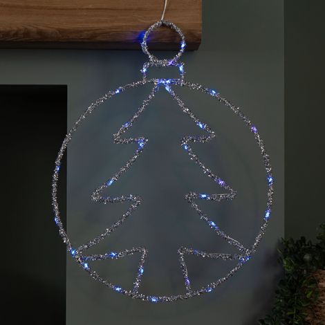 49cm Battery Powered Light up Christmas Silver Tree Ball with Twinkling Blue LEDs (1/5)