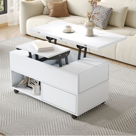 Table basse relevable 100x50x52 cm avec rangement, 4 tiroirs, roulettes, pour salon et bureau, panneau blanc (1/5)
