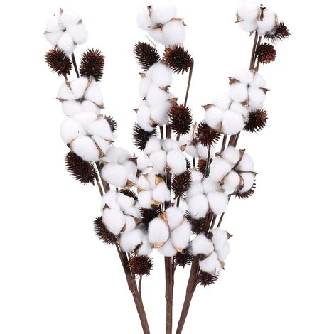 Bouquet de 3 fleurs de coton naturel, 6 têtes, branche de coton séchée pour balcon, mariage, décoration de table, 72 cm (1/4)