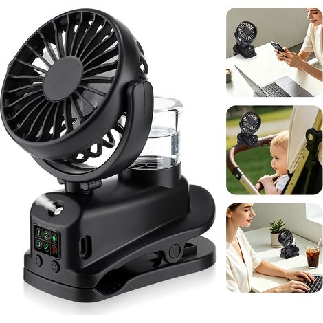 (Noir) Ventilateur électrique à clip avec brumisateur, mini ventilateur domestique silencieux USB à 4 vitesses, adapté aux poussettes. (1/5)
