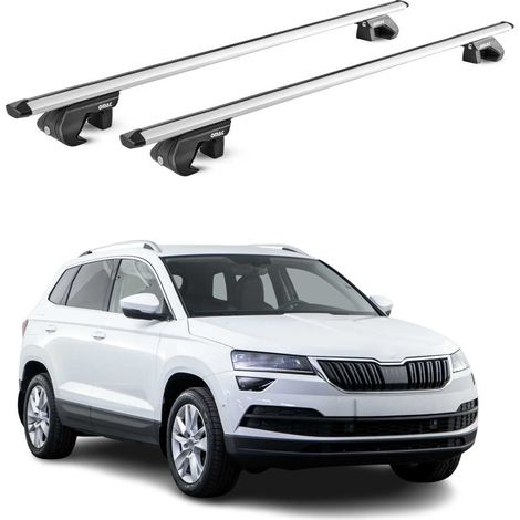 OMAC Dachträger Aluminium TÜV geprüft für Skoda Karoq 2017-2026 – Für Standard Dachreling – T Nut – Max 90 kg – 2 Schlösser Silber (1/5)