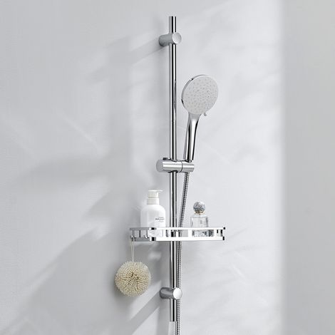 Colonne de Douche sans Robinet avec Douchette 6 Jets-Barre de Douche Réglable 900mm en Acier Inox-Support Coulissant à 360°-Étagère de Rangement Incluse-Finition Chrome Anti-Corrosion (1/5)