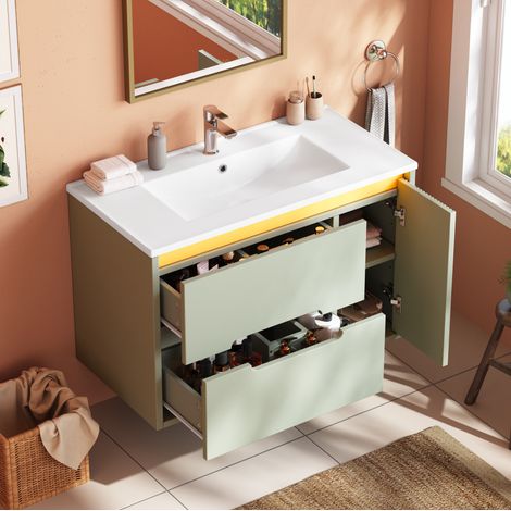 Mobile lavabo sospeso 81 cm con lavabo in ceramica, LED, chiusura ammortizzata, verde, OKWISH (1/5)