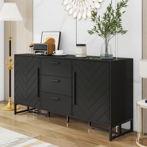 Élégant buffet noir à motif chevrons, doté de 2 portes et de 3 tiroirs, convenant à la salle à manger, à la cuisine et au salon. (1/5)