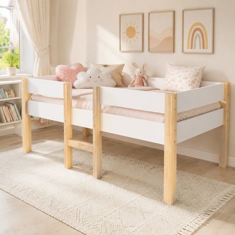 Letto a soppalco basso 90/190 cm bianco in legno massello con barriera anticaduta e rete inclusa (1/5)