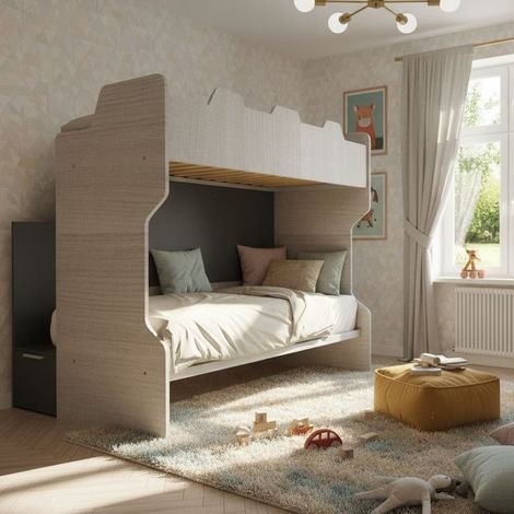 Letto a castello con scala contenitore e terzo letto estraibile - Cameretta salvaspazio - Rovere rock