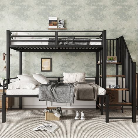 Etagenbett 257x124x160 cm Schwarz aus Metall und MDF mit Eckleiter, Stauraum und Sicherheitsgittern (1/5)