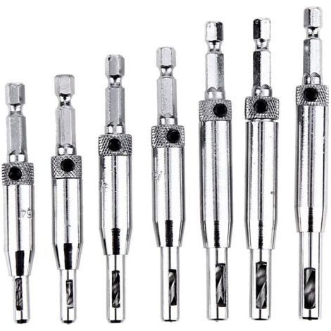 Brocas autocentrantes para bisagras de puertas de armarios - 7 piezas HSS 1/4" brocas precortadas autocentrantes de vástago hexagonal, 5/64" 7/64" 9/64" 11/64" 25/12" 7" 13/64" 1/4" (1/5)