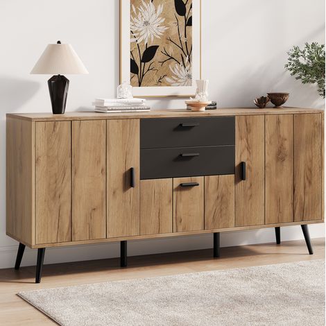 Credenza moderna 2 cassetti 3 ante, 140x35x67 cm, MDF, nero e legno, per soggiorno e pranzo (1/5)