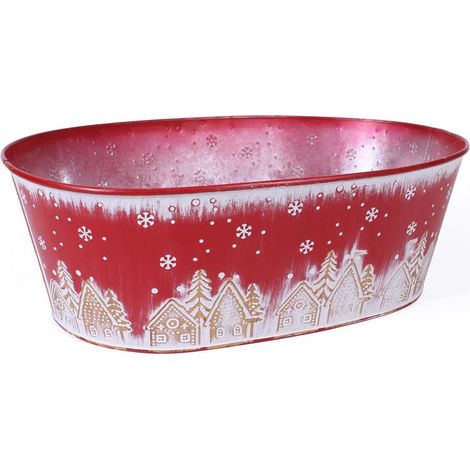 Vaschetta in metallo ovale rosso - Paesaggio Natale (kit da 3)