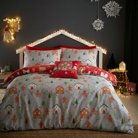 Housse de Couette Maison en Pain d'épice de Noël Lit Simple 140 x 200 cm Réversible 2 Couleurs 1 taie d'oreiller Housse de Couette Bonhomme en Pain d'épices Literie de Noël (1/4)