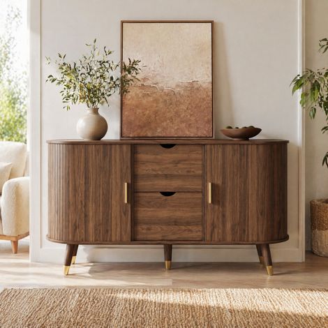 Buffet 140 x 40 x 79,5 cm en MDF couleur noyer, 2 tiroirs, 2 portes HAVRYA (1/5)